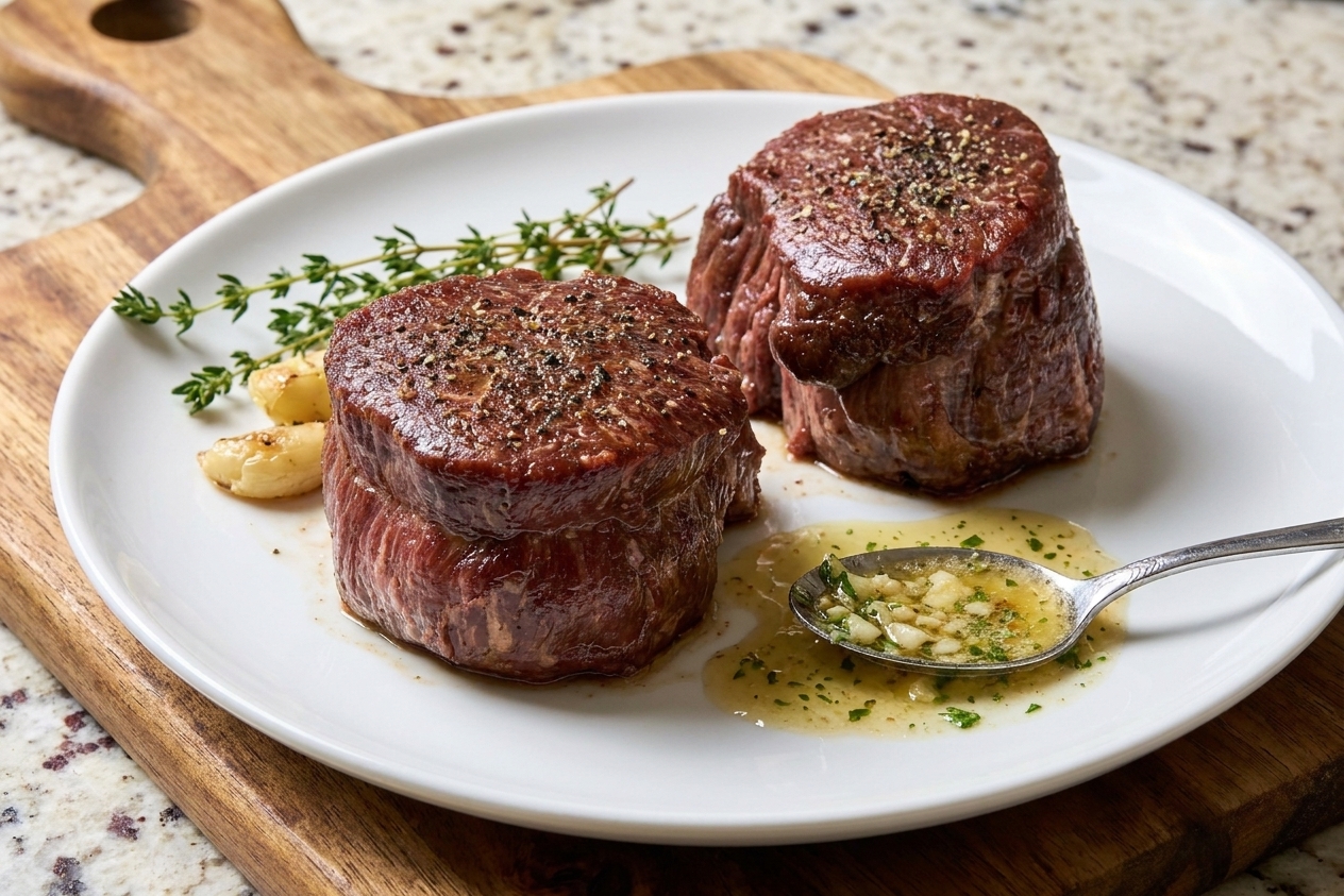 Seared filet mignon steaks resting on a plate with a small spoonful of melted garlic butter pooling beside them