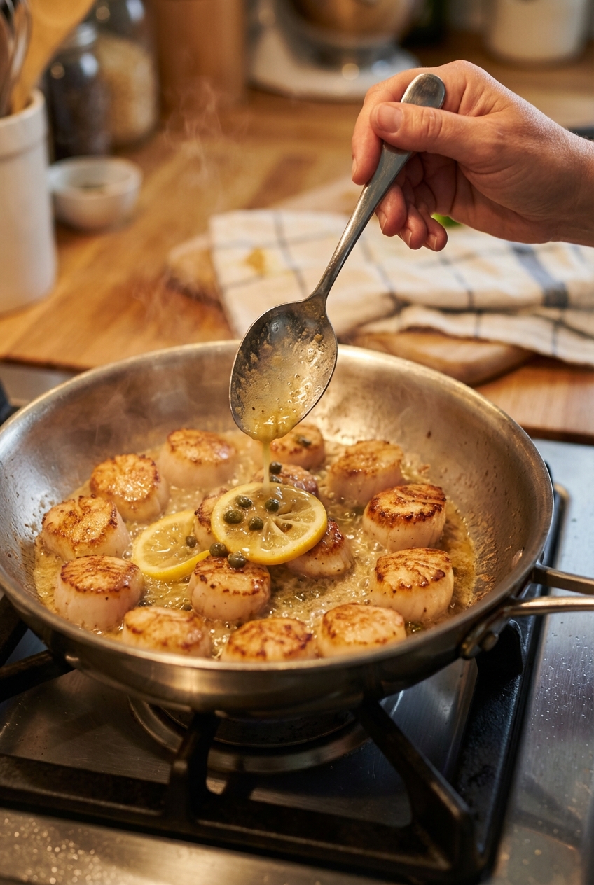 Seared scallops being spooned with lemon butter sauce in a stainless steel skillet