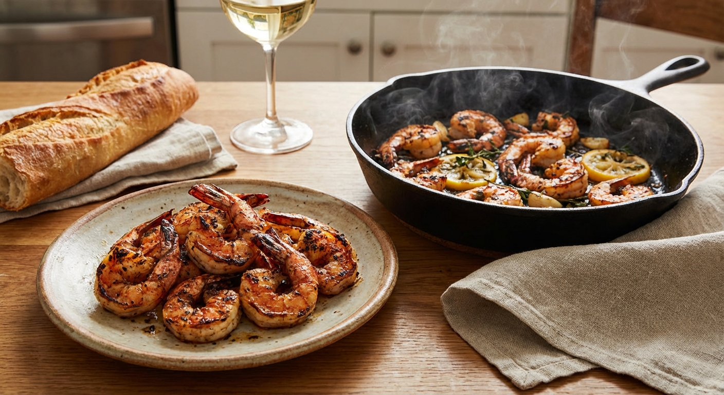 Seared shrimp on a plate next to a skillet