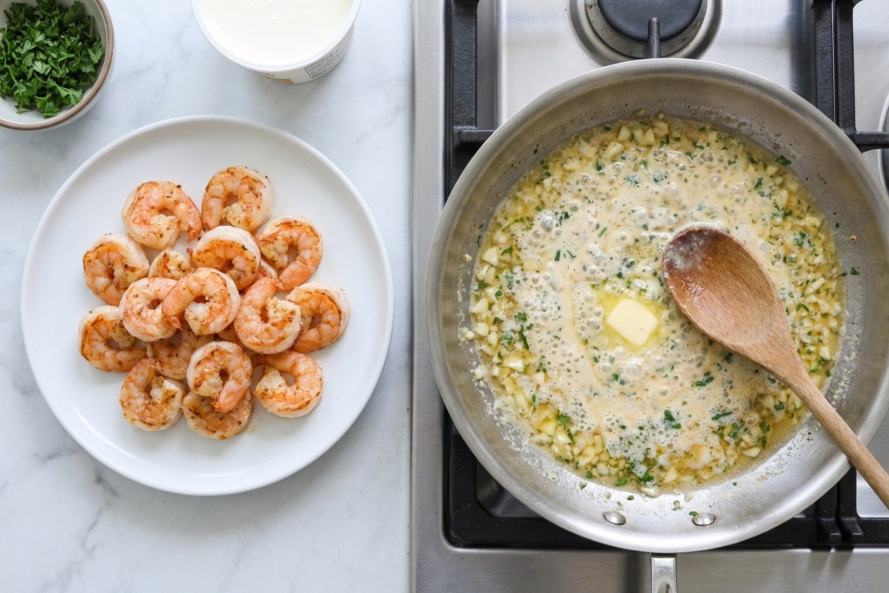 Seared shrimp resting on a plate, lightly browned and pink, set beside a stove while sauce is prepared
