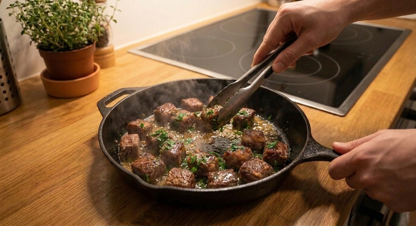 Seared steak bites being tossed in a skillet with glossy garlic butter sauce and chopped parsley on a stovetop