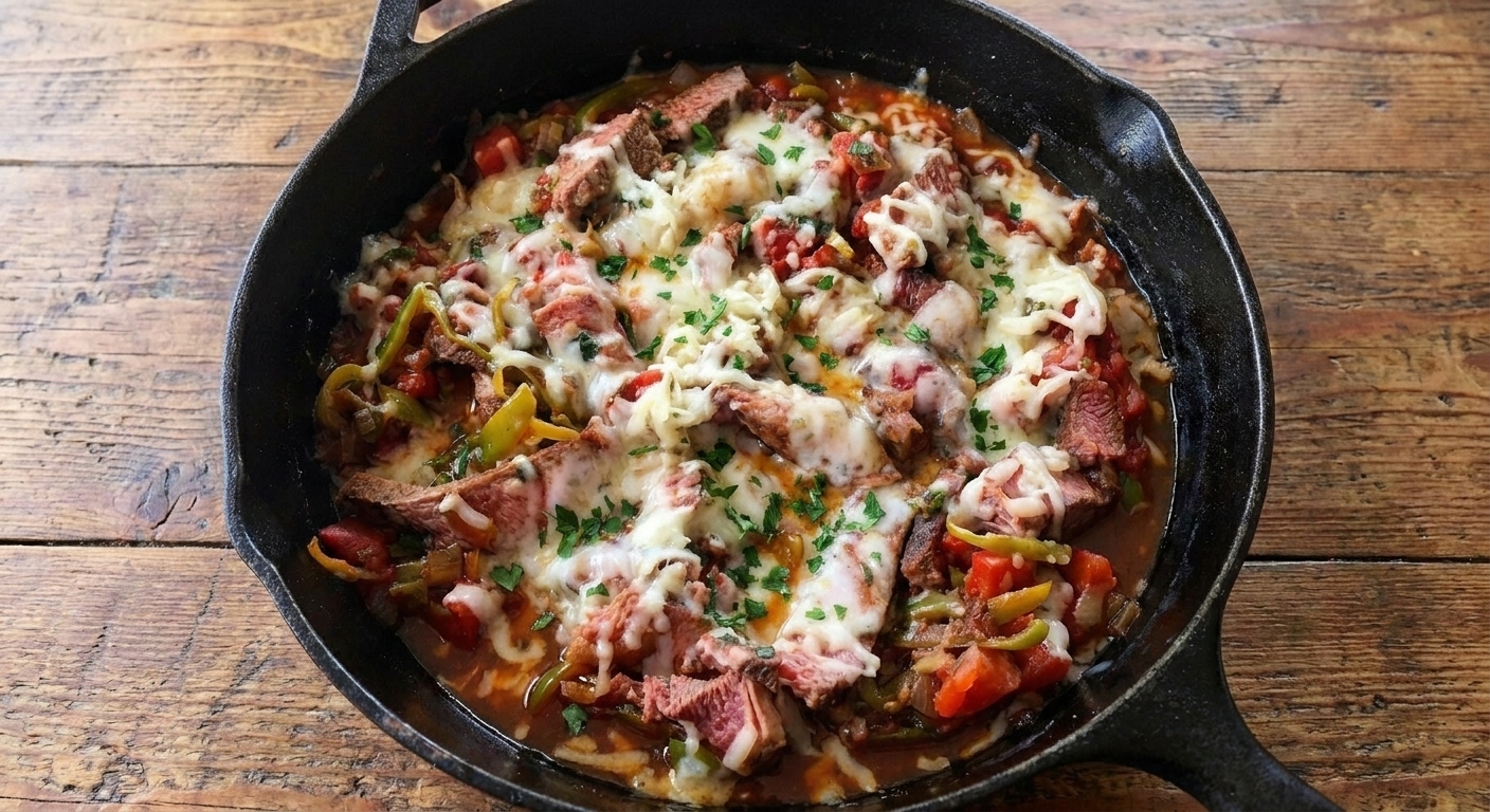 Seared steak pieces simmering in a chunky tomato sauce with peppers and onions in a skillet