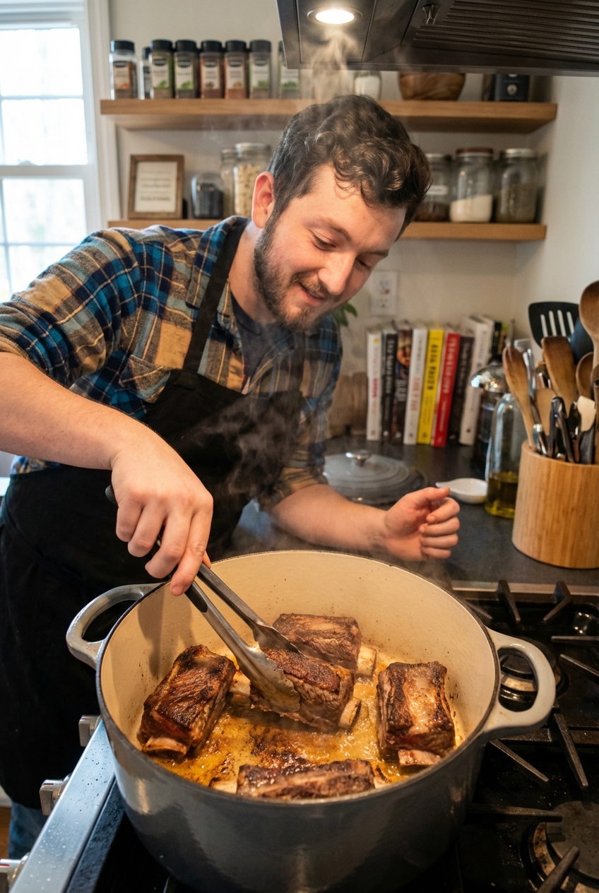 Searing beef short ribs in a Dutch oven until browned