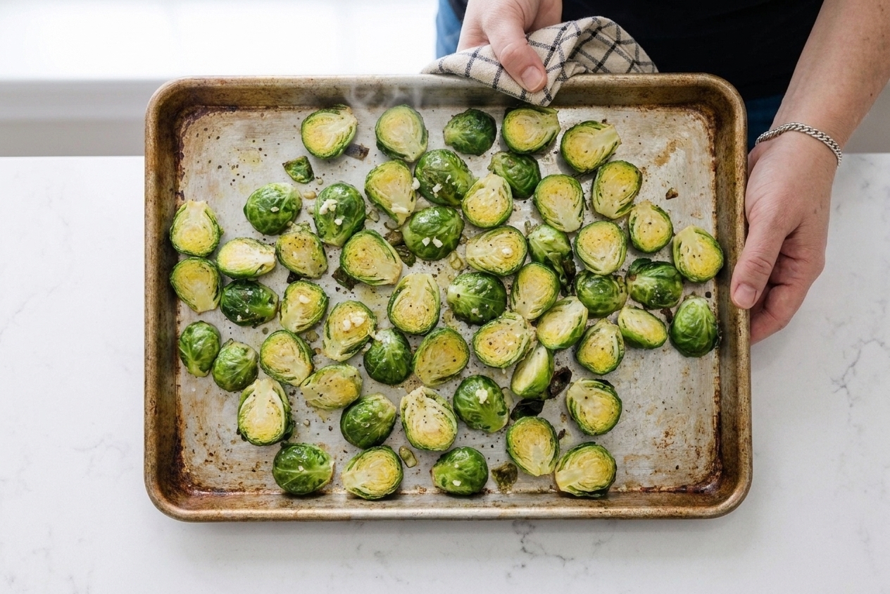 Seasoned Brussels sprouts halves arranged cut-side down on a hot sheet pan before roasting