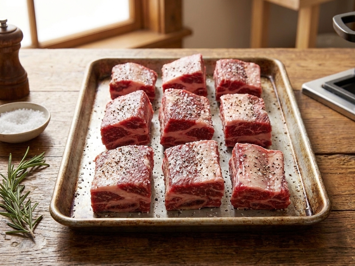 Seasoned beef short ribs arranged on a rimmed sheet pan with visible salt and pepper in a home kitchen