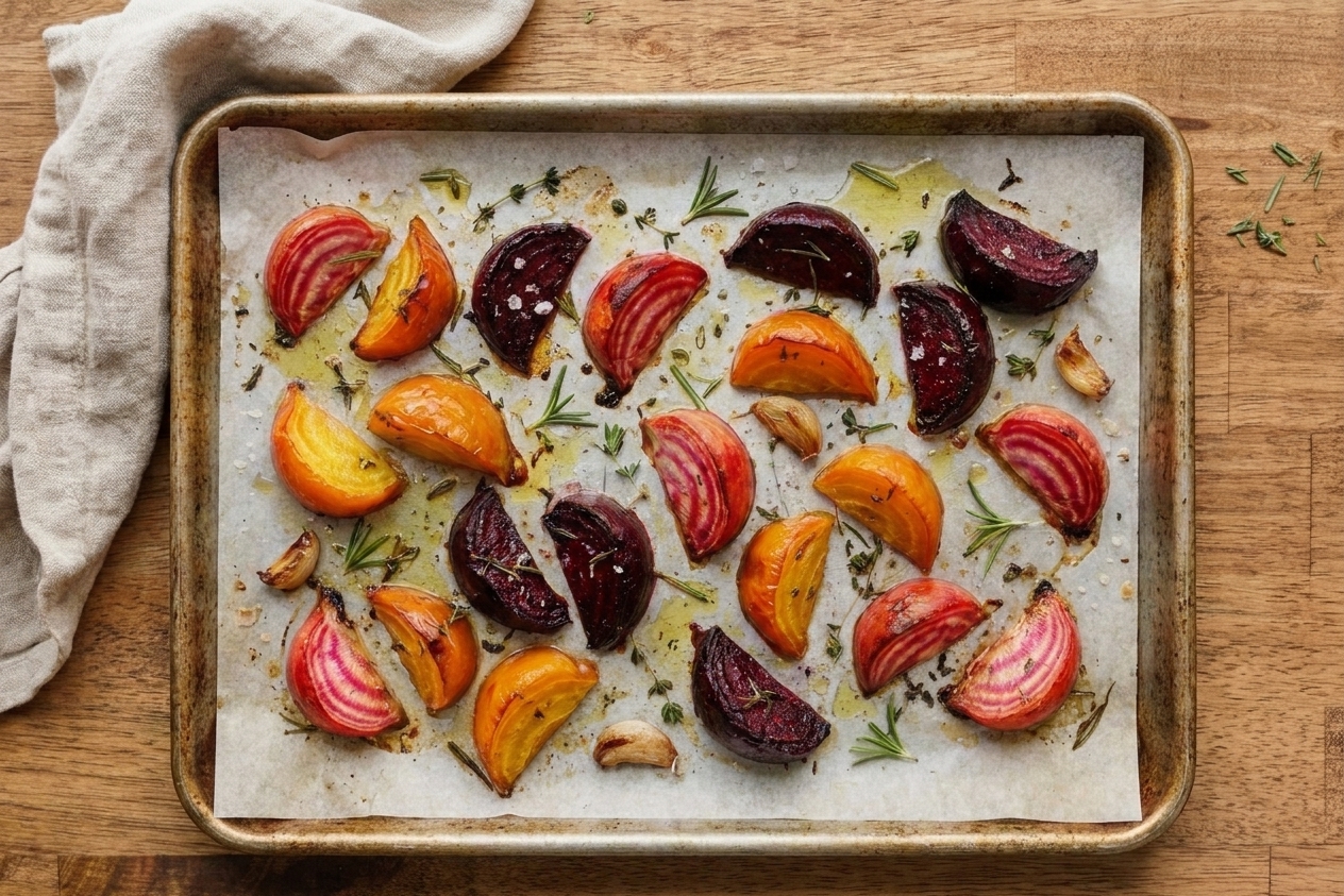 Seasoned beetroot wedges arranged in a single layer on a parchment-lined rimmed baking sheet before roasting