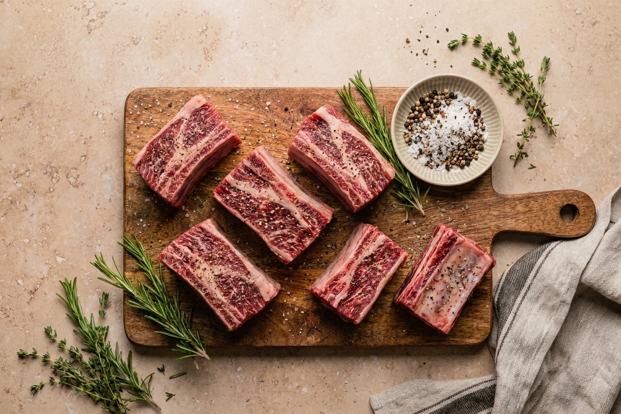 Seasoned bone-in beef short ribs resting on a cutting board beside a small bowl of salt and pepper on a warm, consistent kitchen counter