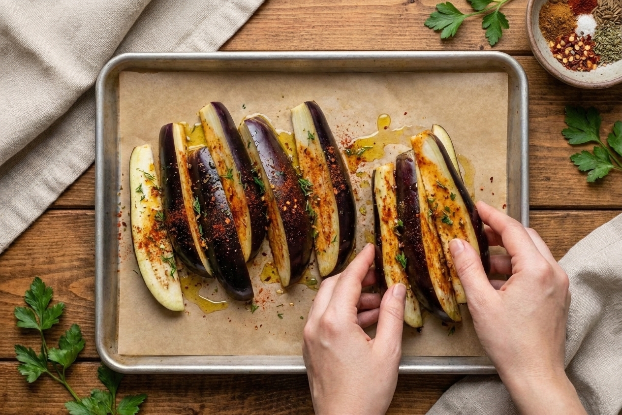 Seasoned brinjal wedges coated in olive oil and spices arranged in a single layer on a parchment-lined sheet pan