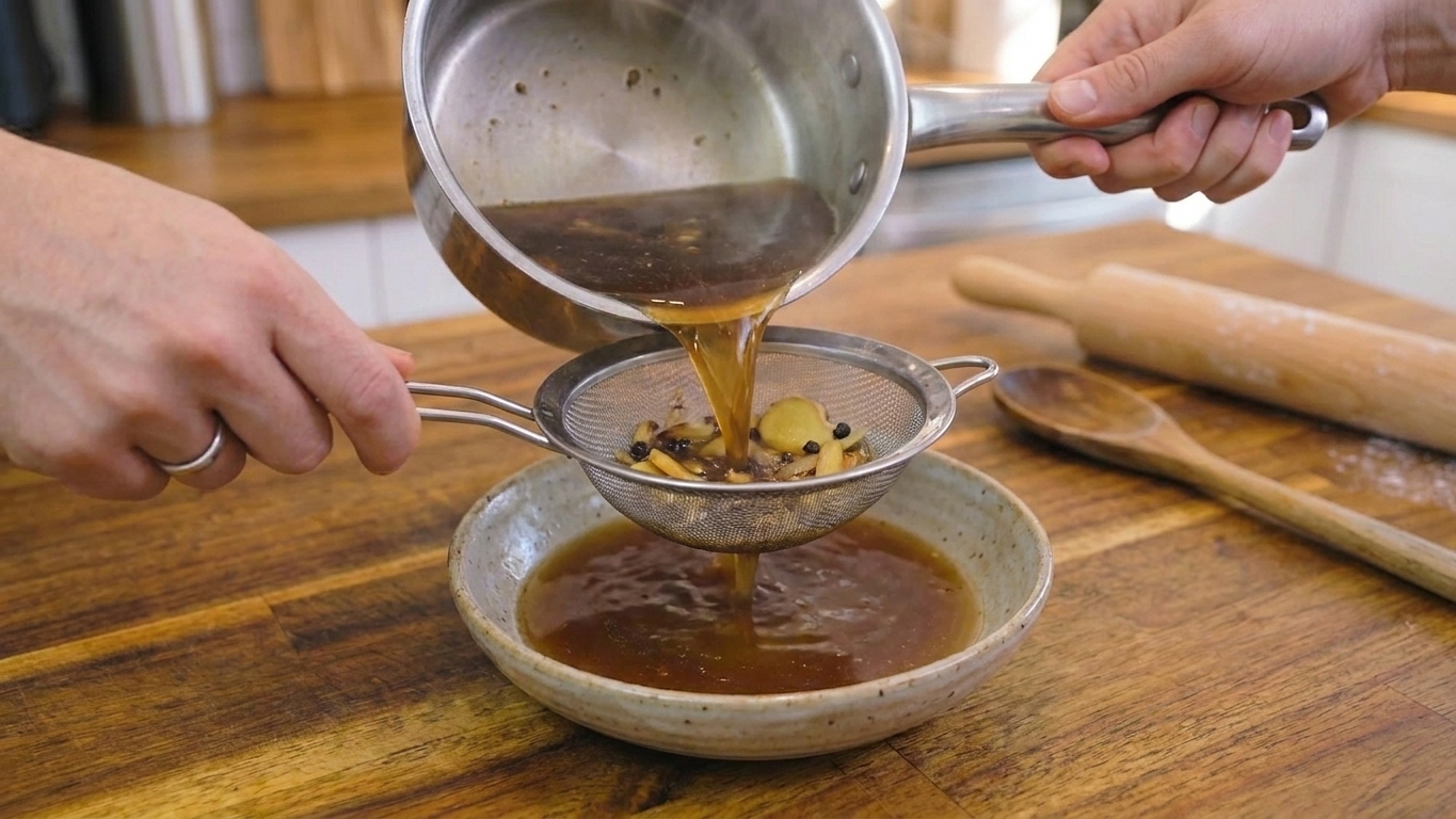 Seasoned broth being poured through a fine mesh strainer into a shallow dish on a clean kitchen counter.