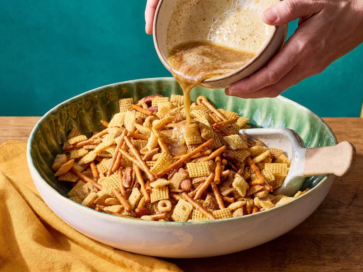 Seasoned butter being poured over Chex mix in a bowl