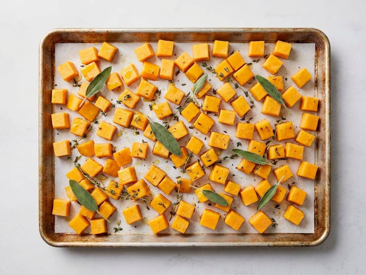 Seasoned butternut squash cubes spread in a single layer on a parchment-lined sheet pan before roasting