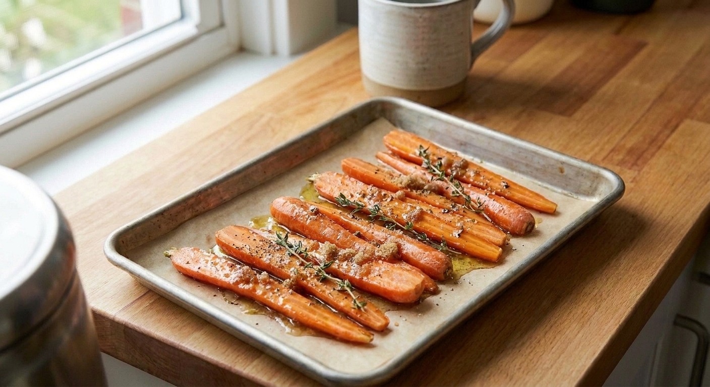 Seasoned carrots spread in a single layer on a parchment-lined rimmed baking sheet before going into the oven