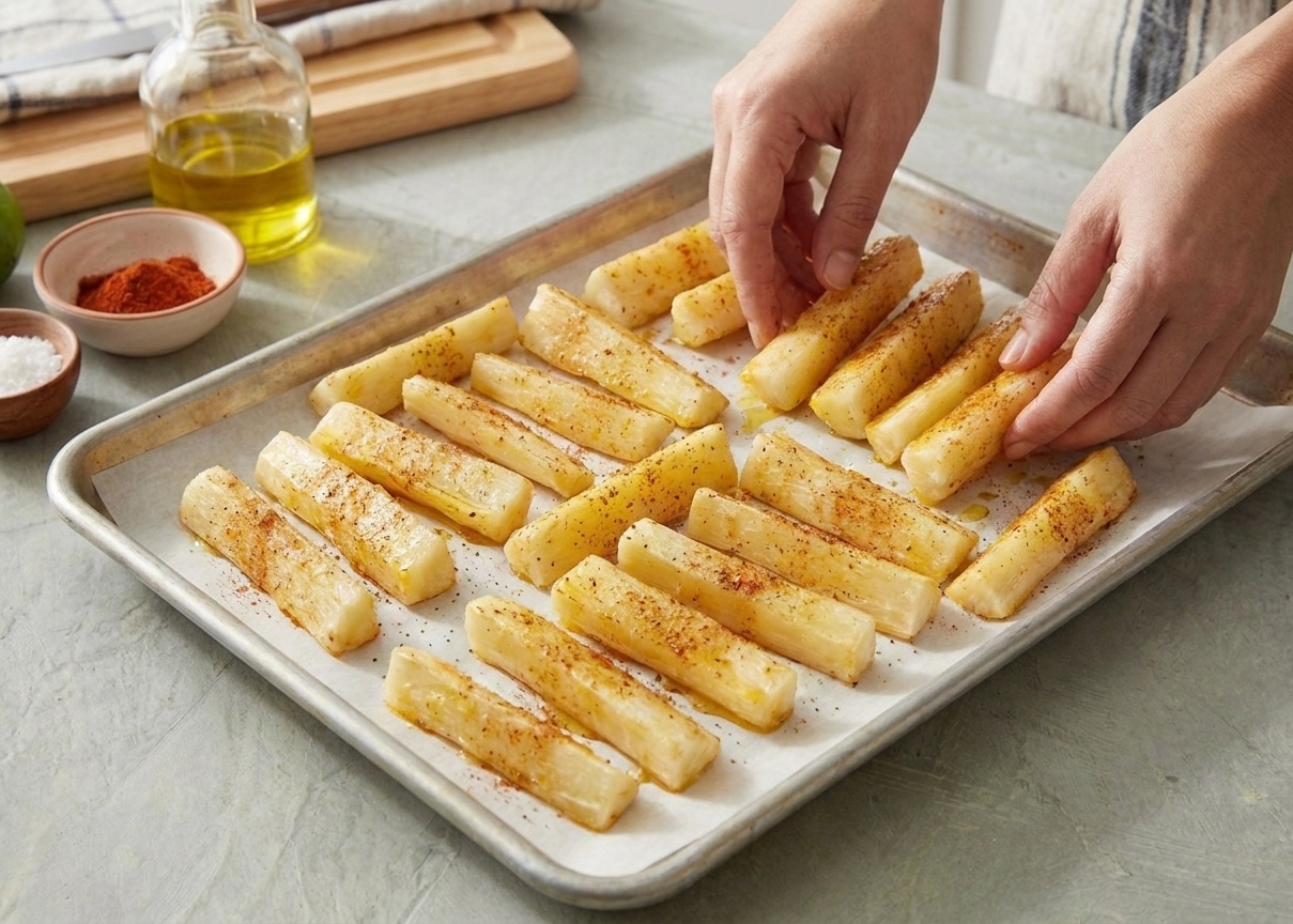 Seasoned cassava fries spread in a single layer on a metal sheet pan in a home kitchen
