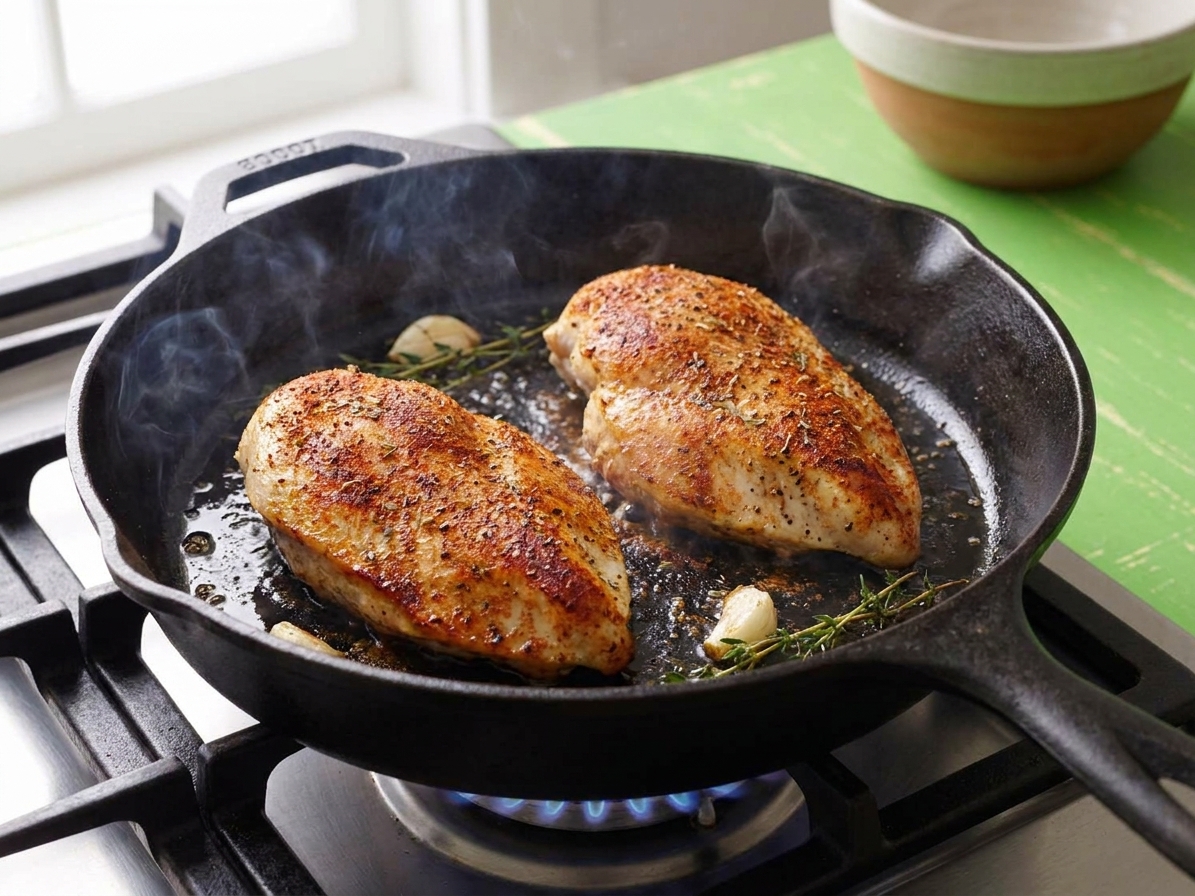Seasoned chicken breasts searing in a hot skillet with browned edges forming