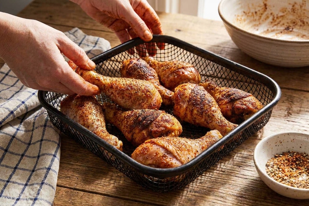 Seasoned chicken drumsticks arranged in a single layer inside an air fryer basket before cooking
