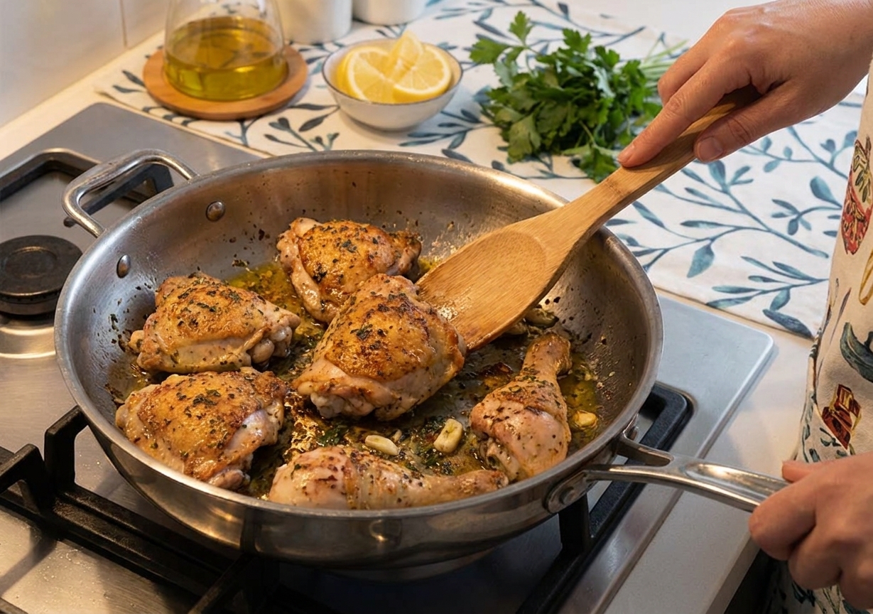 Seasoned chicken pieces browning in a large skillet on a stovetop with a wooden spoon nearby