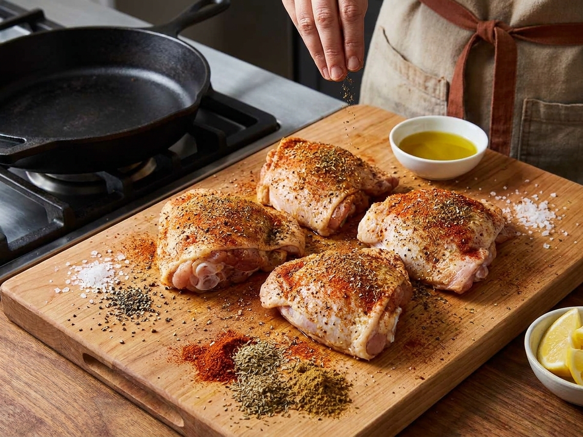 Seasoned chicken thighs on a cutting board with salt, pepper, and spices visible, ready to be seared