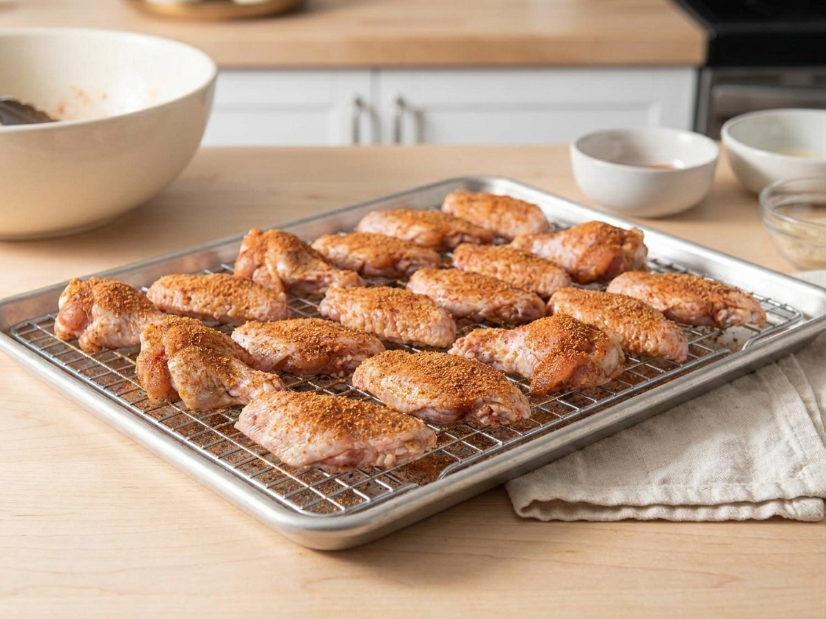 Seasoned chicken wings arranged in a single layer on a wire rack set over a sheet pan on a kitchen counter