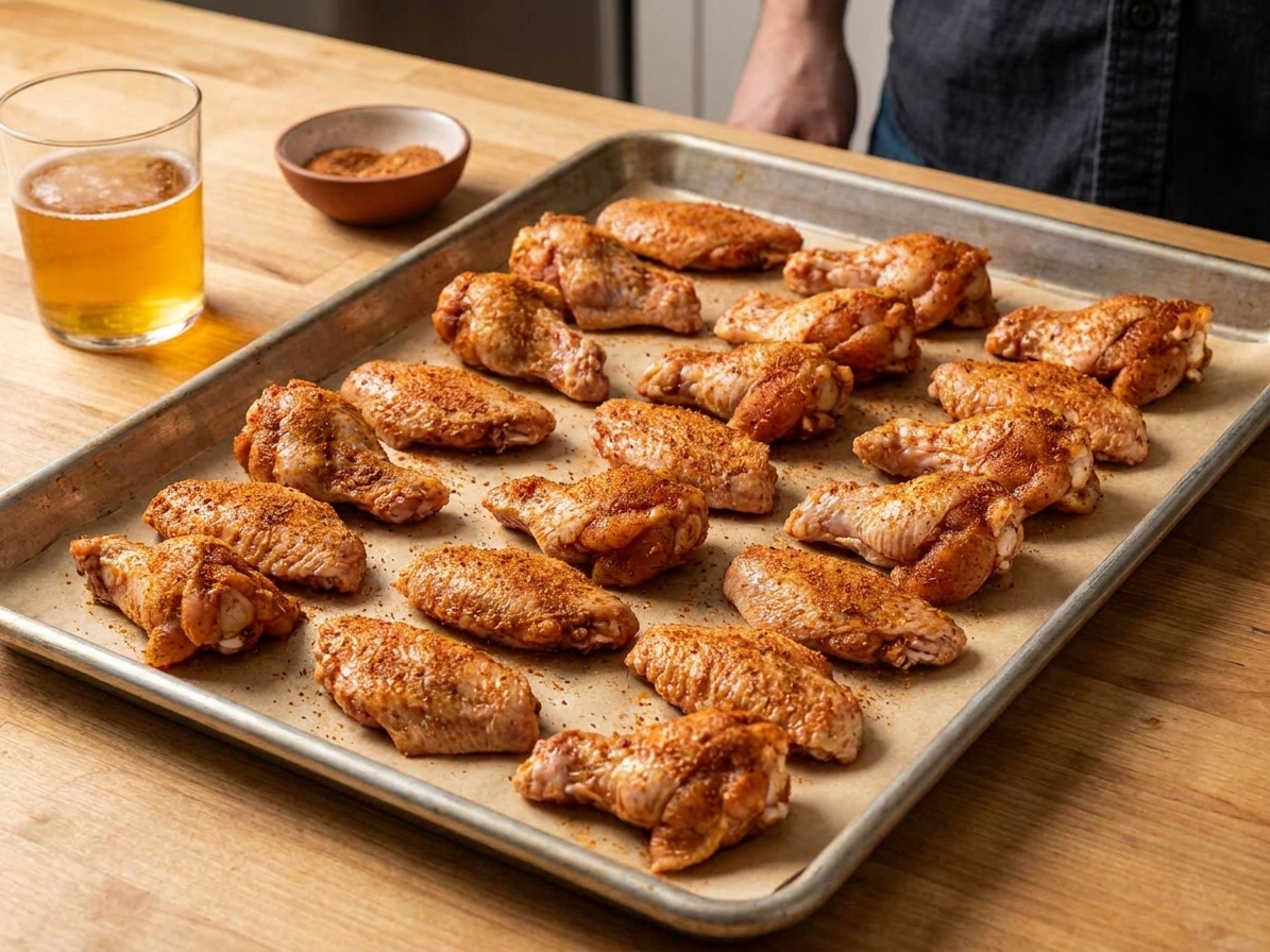 Seasoned chicken wings arranged in a single layer on a sheet pan, ready to go to the smoker