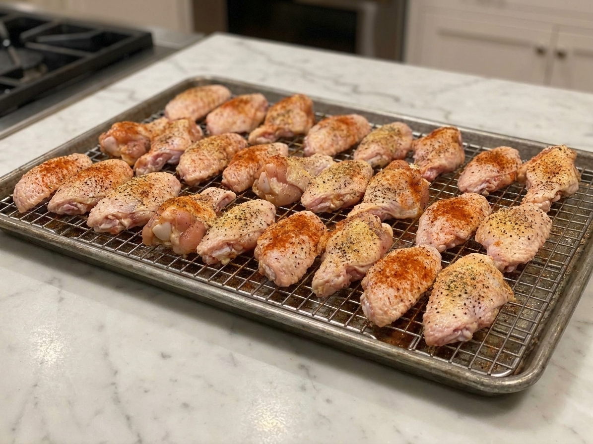 Seasoned chicken wings arranged in a single layer on a wire rack set over a sheet pan on a kitchen counter