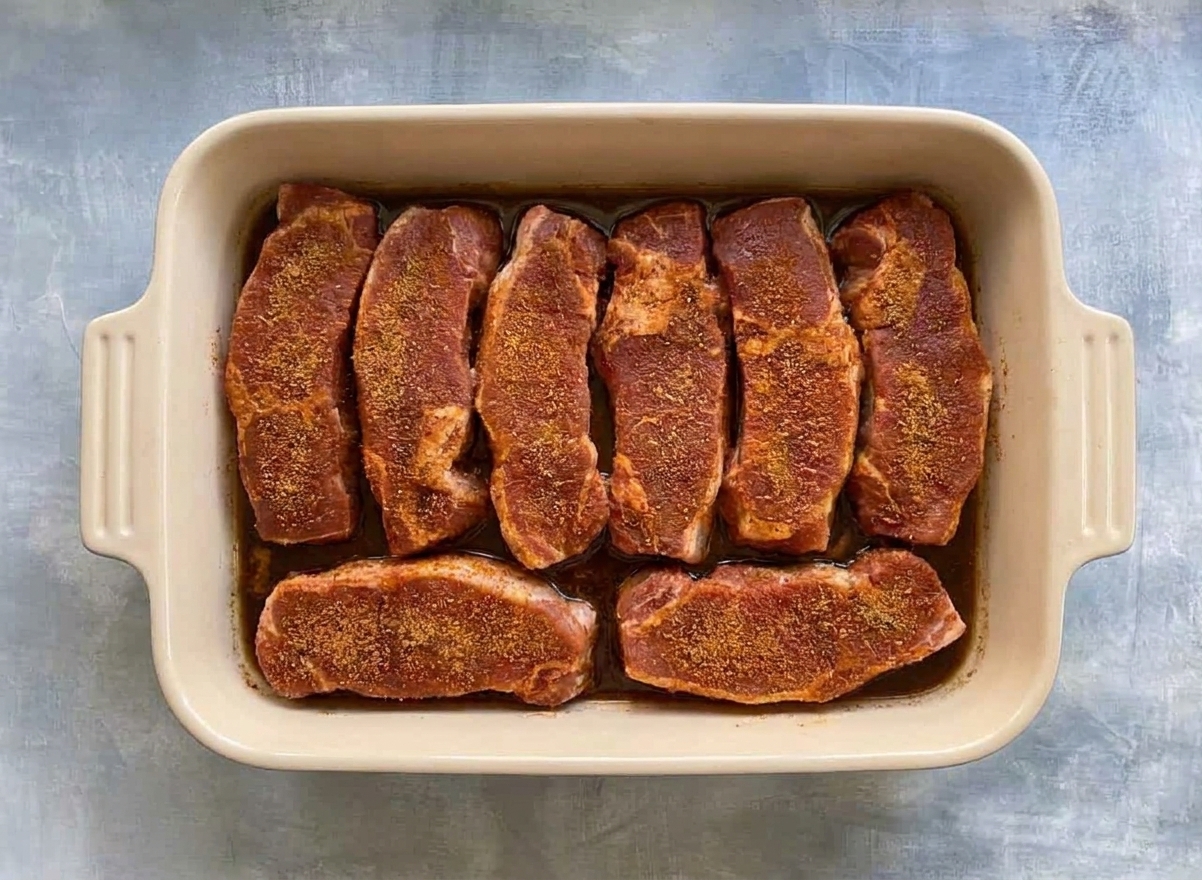 Seasoned country style pork ribs arranged in a baking dish with a small amount of liquid pooled around them