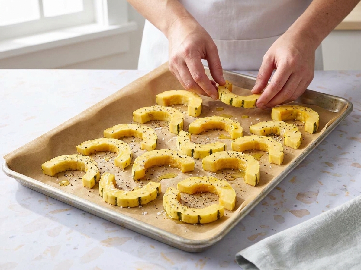 Seasoned delicata squash half-moons spaced out on a parchment-lined baking sheet ready to roast