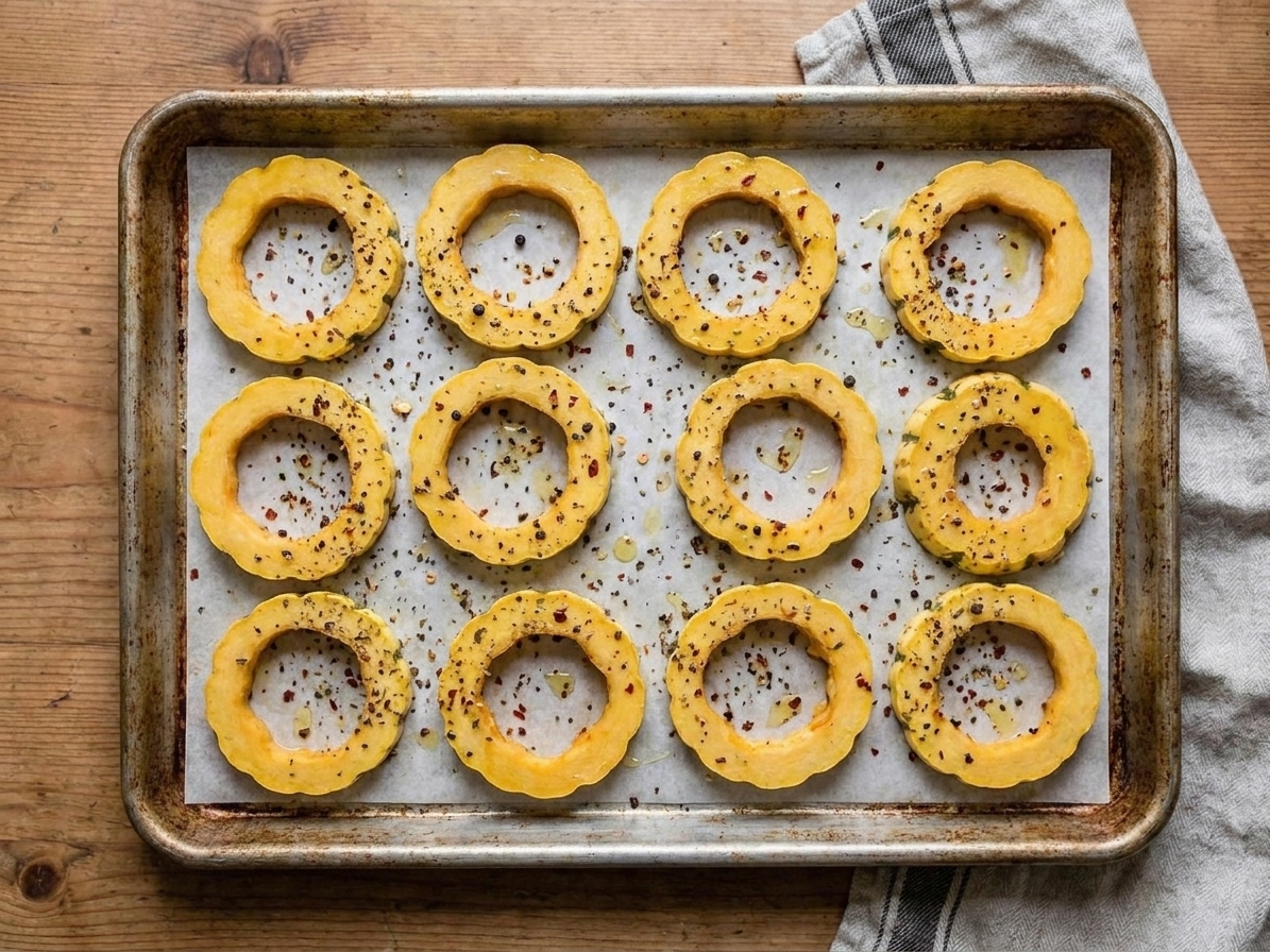 Seasoned delicata squash rings arranged in a single layer on a rimmed sheet pan, speckled with cracked pepper and spices