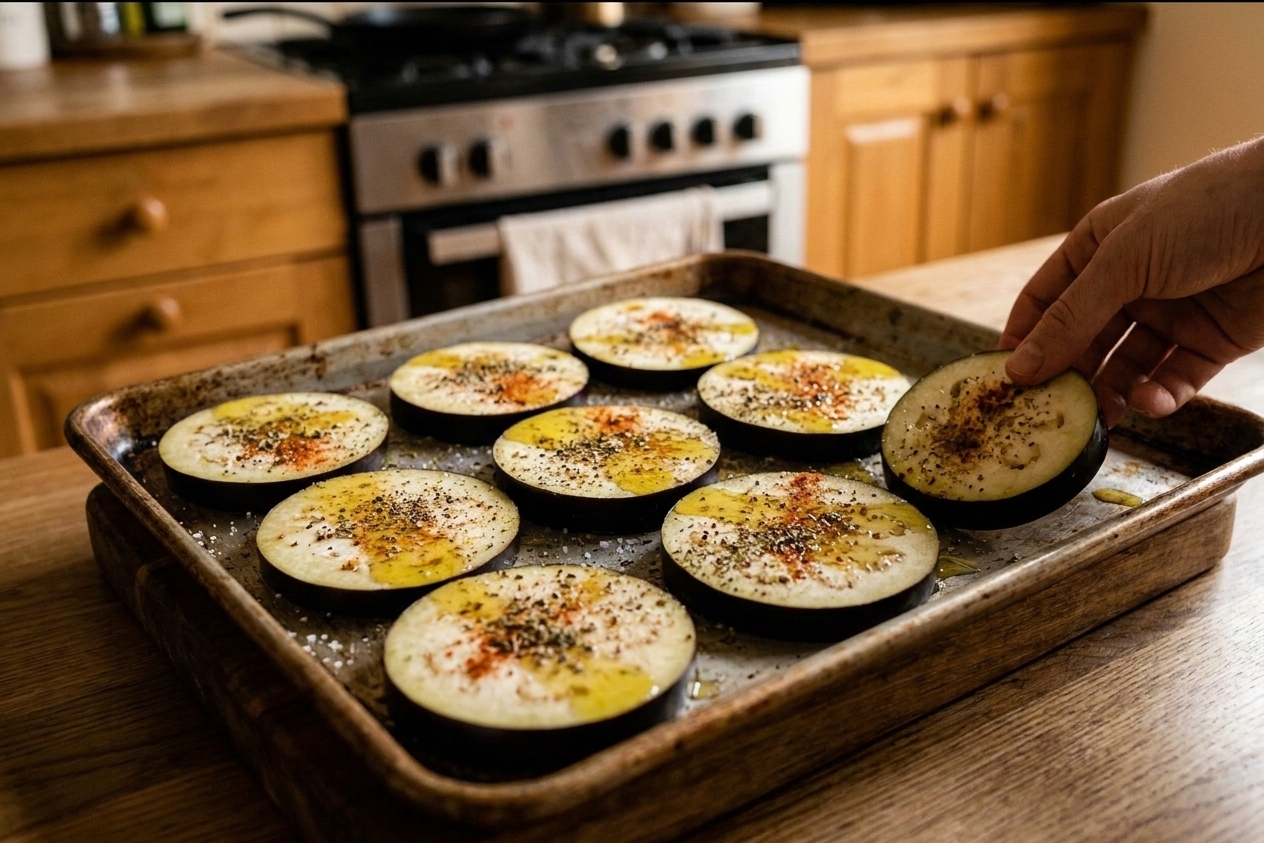 Seasoned eggplant rounds arranged in a single layer on a rimmed sheet pan, ready to roast