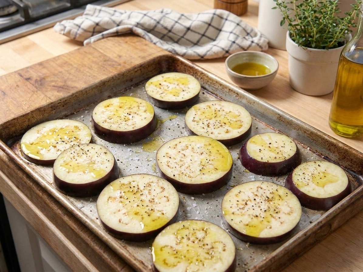 Seasoned eggplant rounds on a sheet pan, glistening with olive oil and speckled with salt and pepper