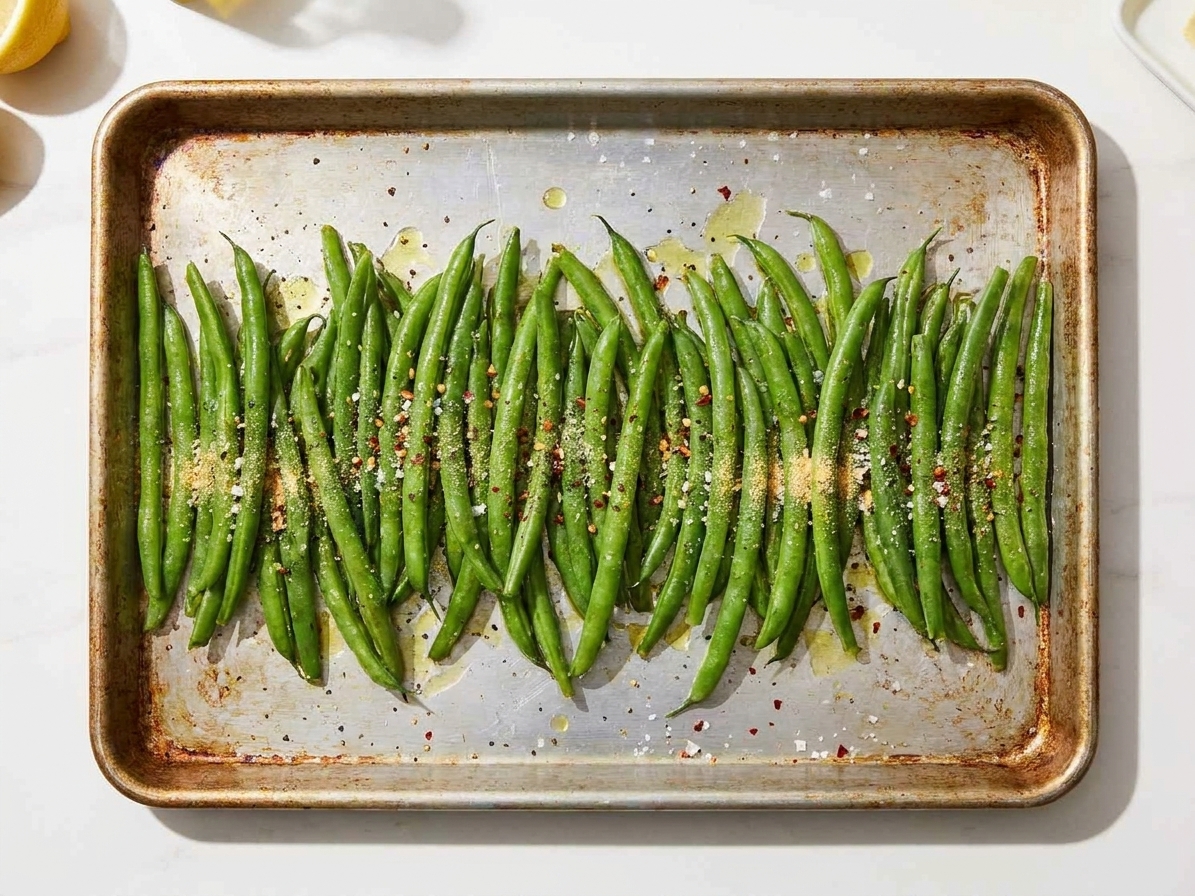 Seasoned green beans arranged in a single layer on a rimmed baking sheet before going into the oven