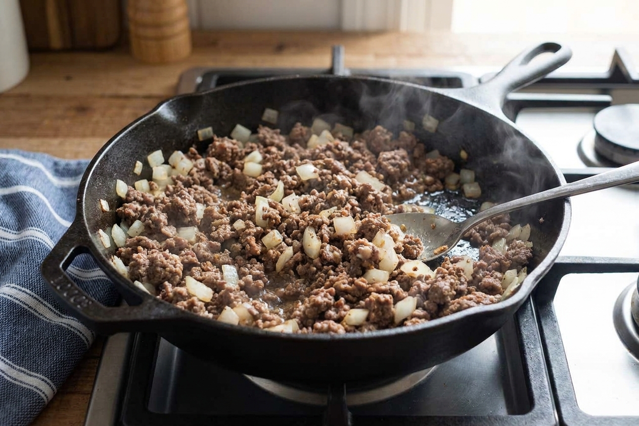Seasoned ground beef and onions being stirred in a large skillet on a stove, captured mid-cook