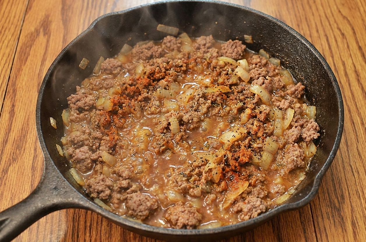 Seasoned ground beef and onions simmering in a skillet with spices and a small amount of liquid bubbling