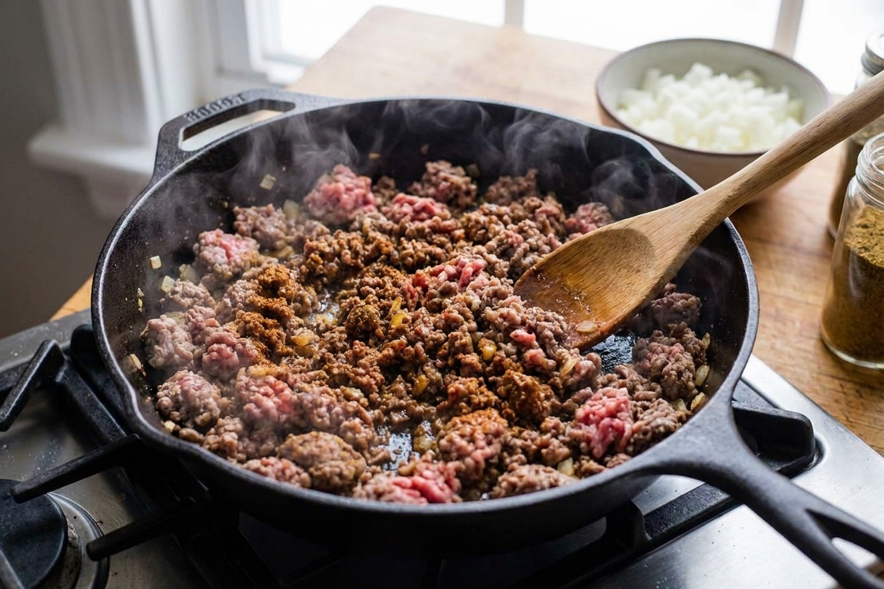 Seasoned ground beef browning in a skillet on a stovetop with a wooden spoon stirring