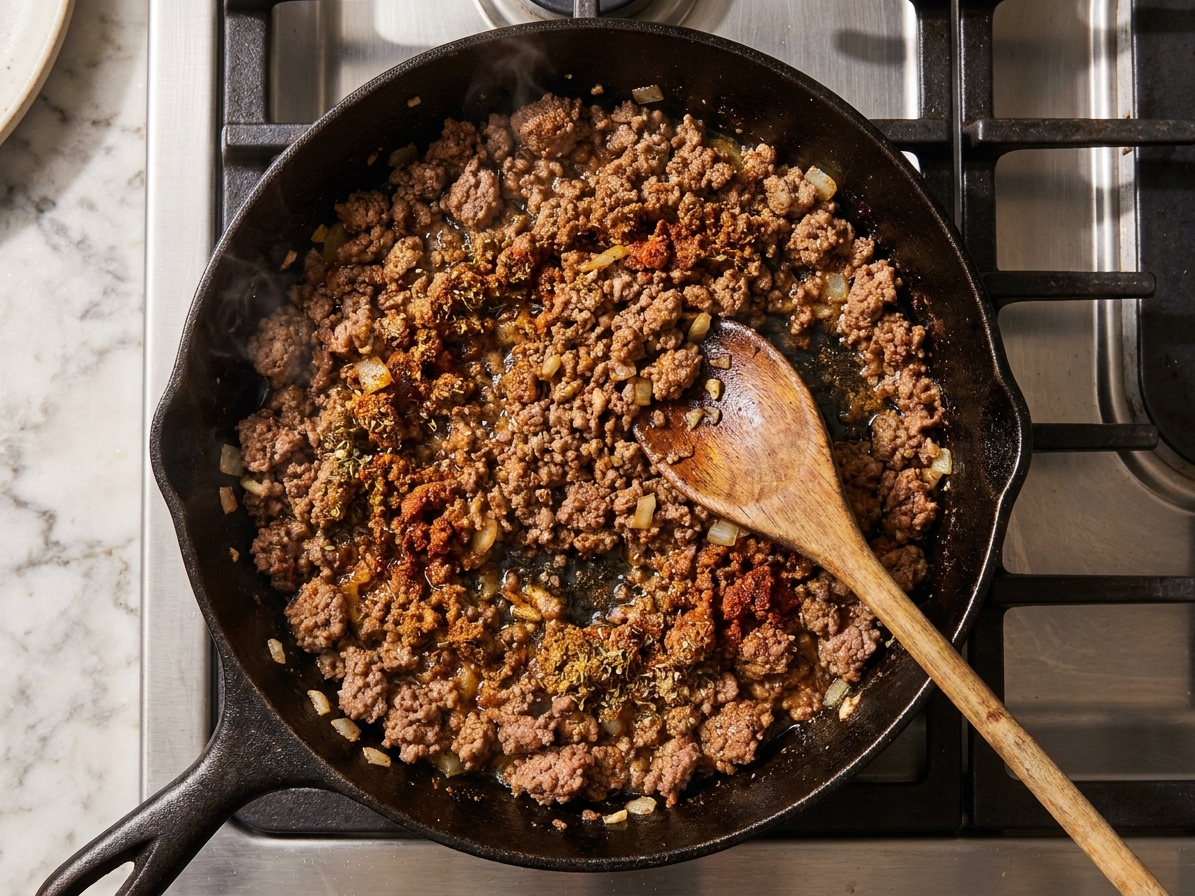 Seasoned ground beef cooking in a skillet on a stovetop with a wooden spoon, showing browned crumbles and spices