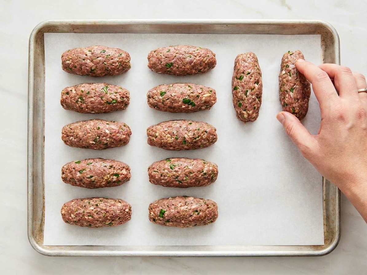 Seasoned ground beef mixture shaped into short kafta logs on a parchment-lined baking sheet on a kitchen counter