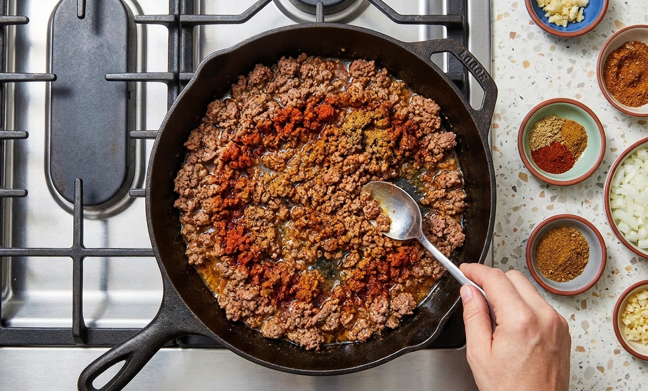Seasoned ground beef simmering in a skillet as a spoon stirs it, with spices and small bowls nearby