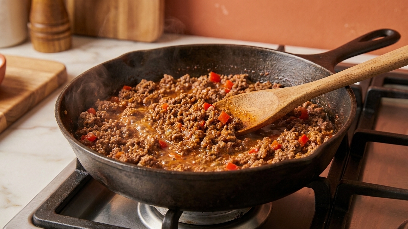Seasoned ground beef simmering in a skillet with a wooden spoon on a stovetop under warm kitchen lighting