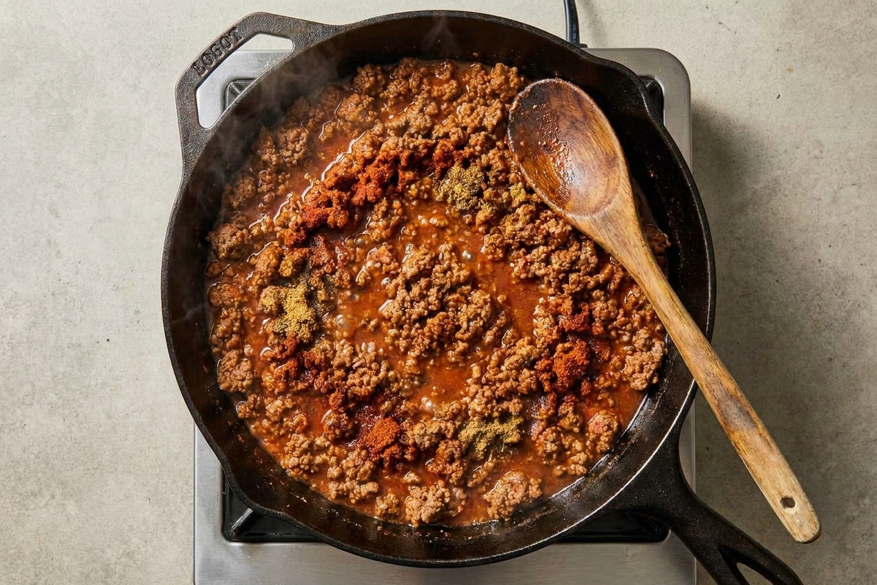 Seasoned ground beef simmering in a skillet with taco spices and a small amount of sauce, with a wooden spoon resting on the pan edge