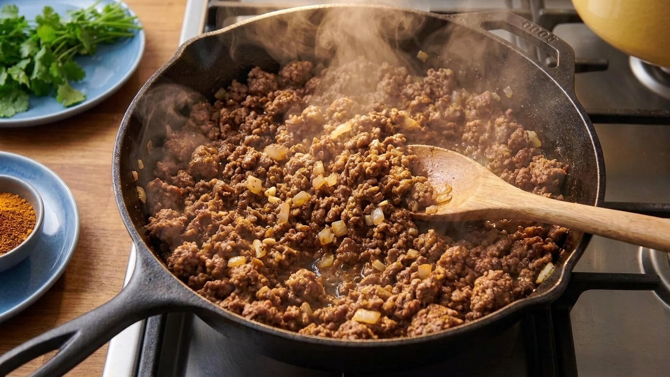 Seasoned ground beef taco filling simmering in a skillet with onions and garlic, steam rising