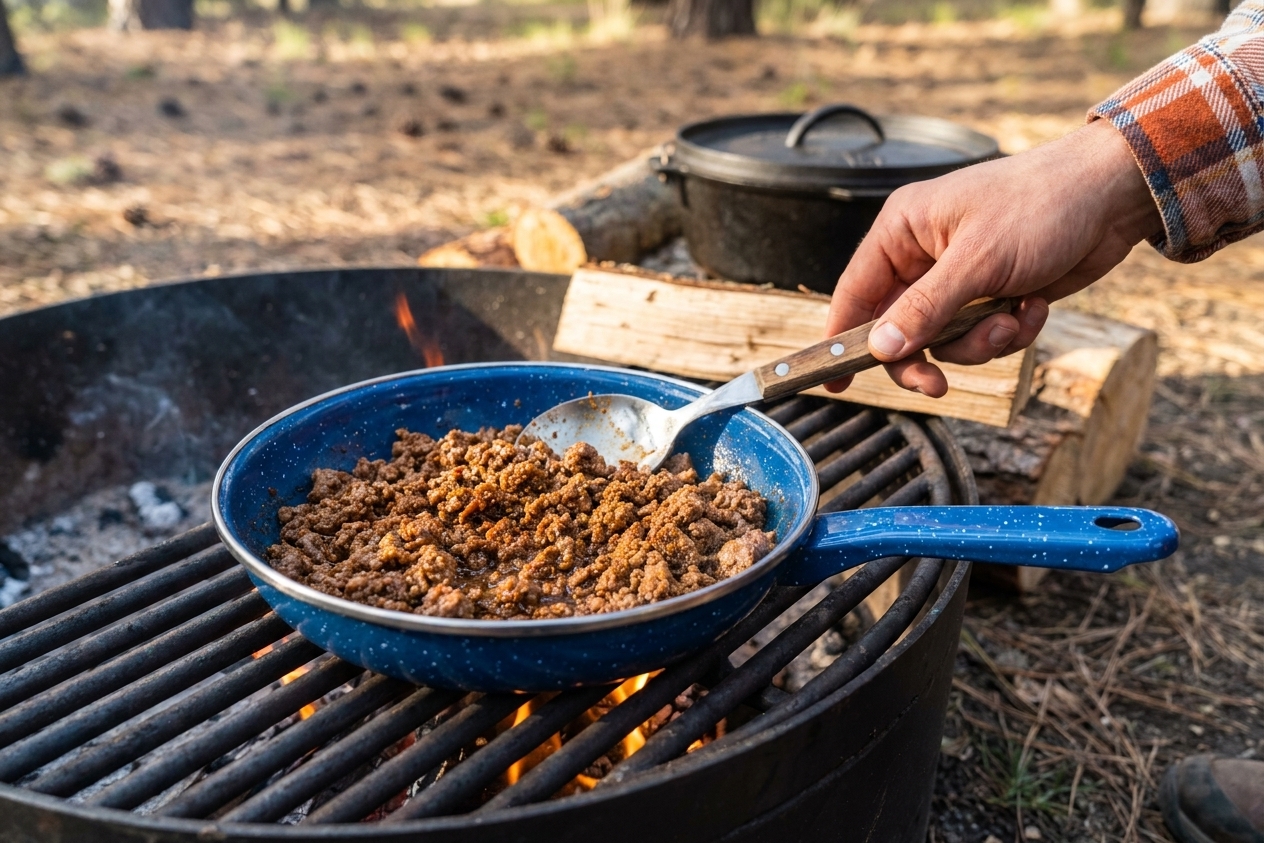 Seasoned ground beef warming in a small pan on a campfire grate with a spoon resting on the edge