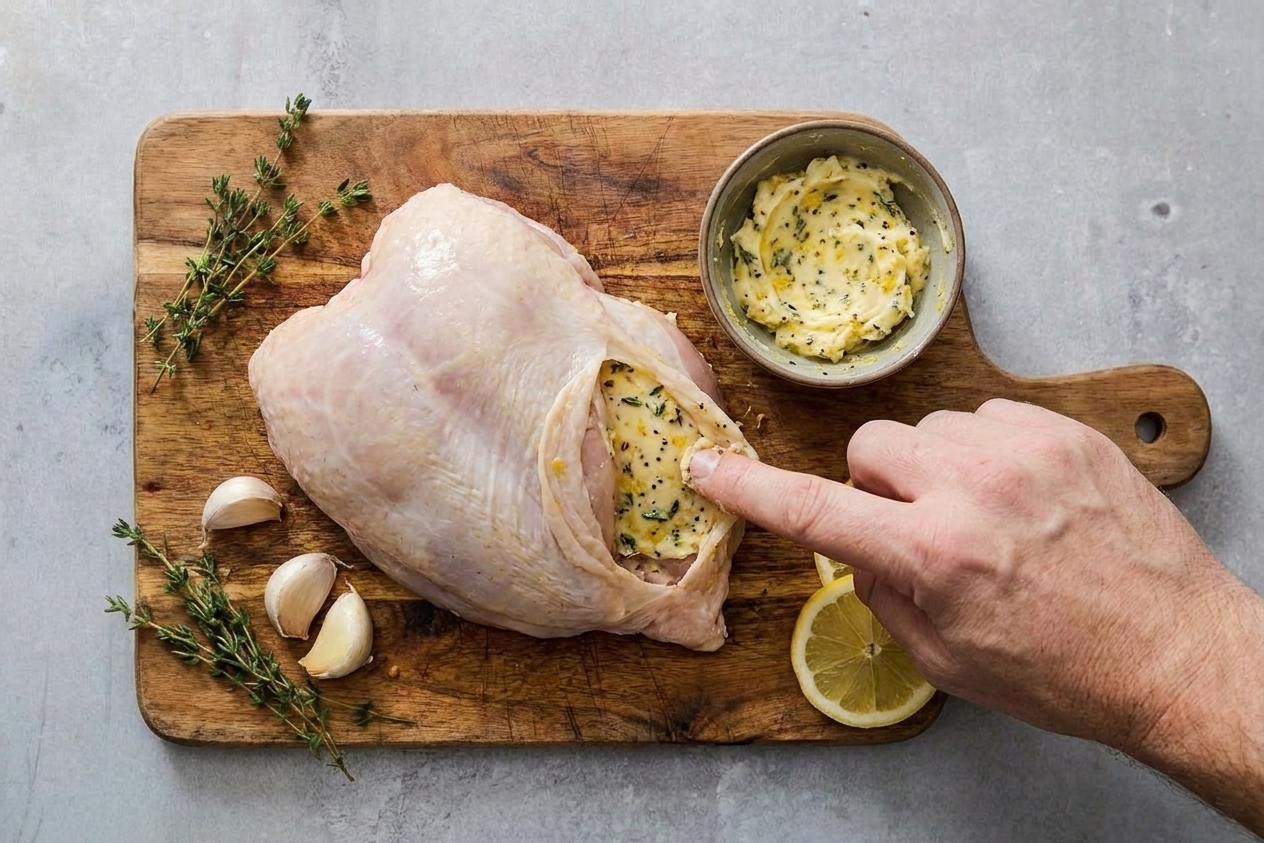 Seasoned lemon-garlic butter being spread under the skin of a raw chicken breast on a wooden cutting board