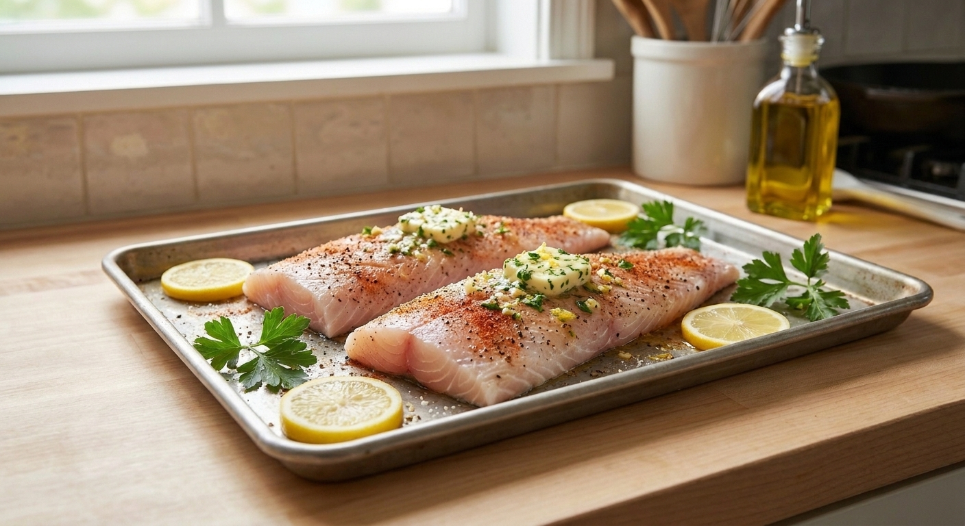 Seasoned mahi mahi fillets on a sheet pan topped with lemon herb butter before baking