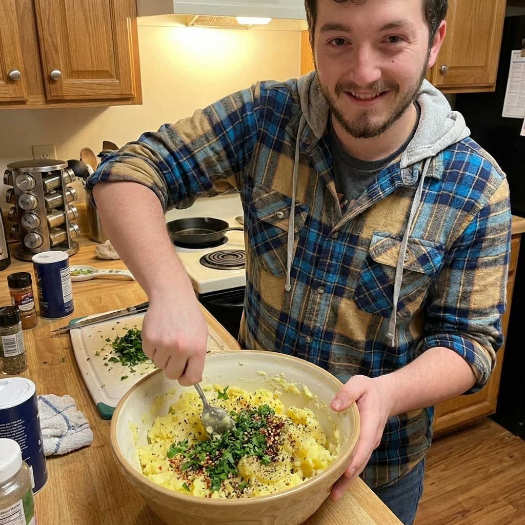 Seasoned mashed potatoes in a mixing bowl with visible cilantro and spices, a spoon resting in the bowl, prep scene on a kitchen counter