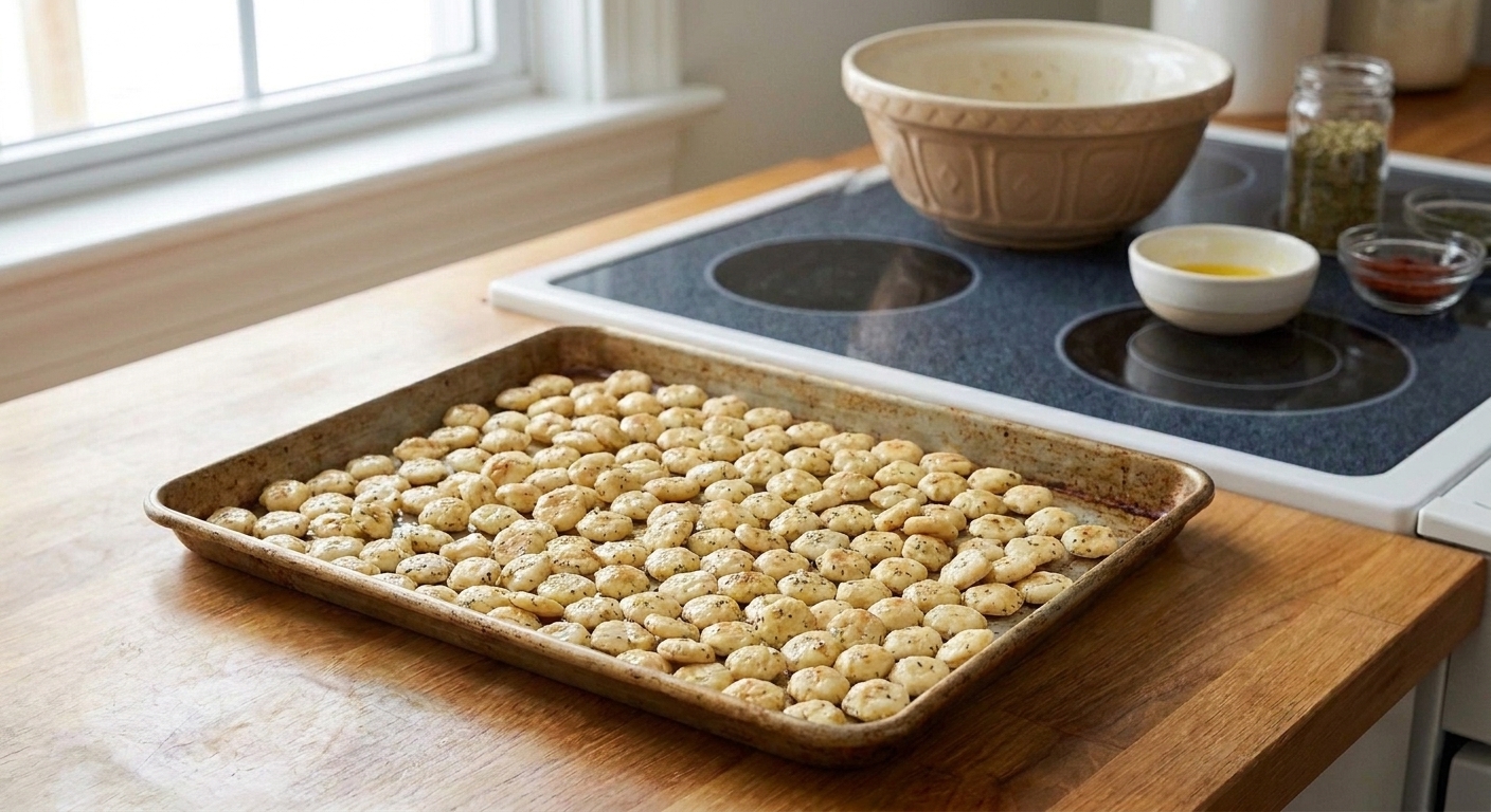 Seasoned oyster crackers spread evenly on a rimmed sheet pan ready to bake in a warm kitchen