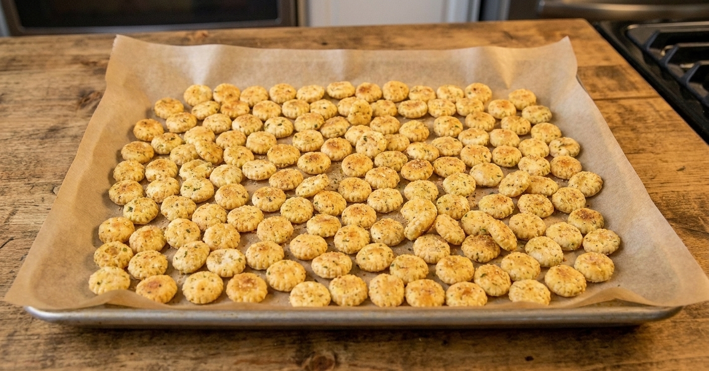 Seasoned oyster crackers spread in a single layer on a parchment-lined baking sheet before baking in a home kitchen