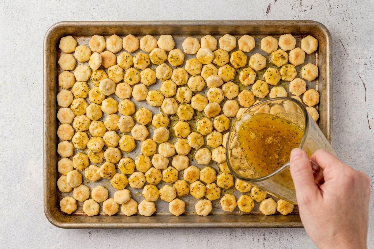 Seasoned oyster crackers spread in a single layer on a rimmed baking sheet ready for baking