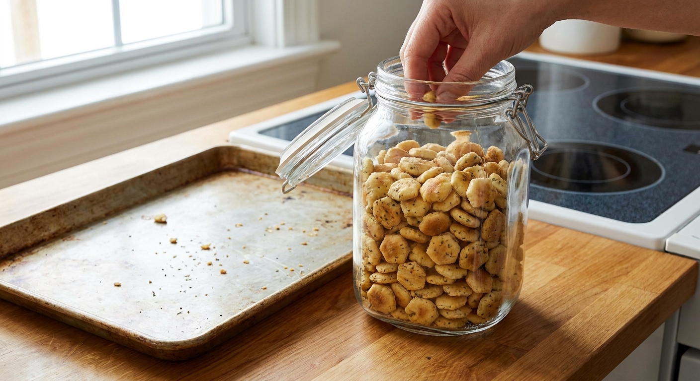 Seasoned oyster crackers stored in a clear airtight container on a kitchen counter next to a sheet pan