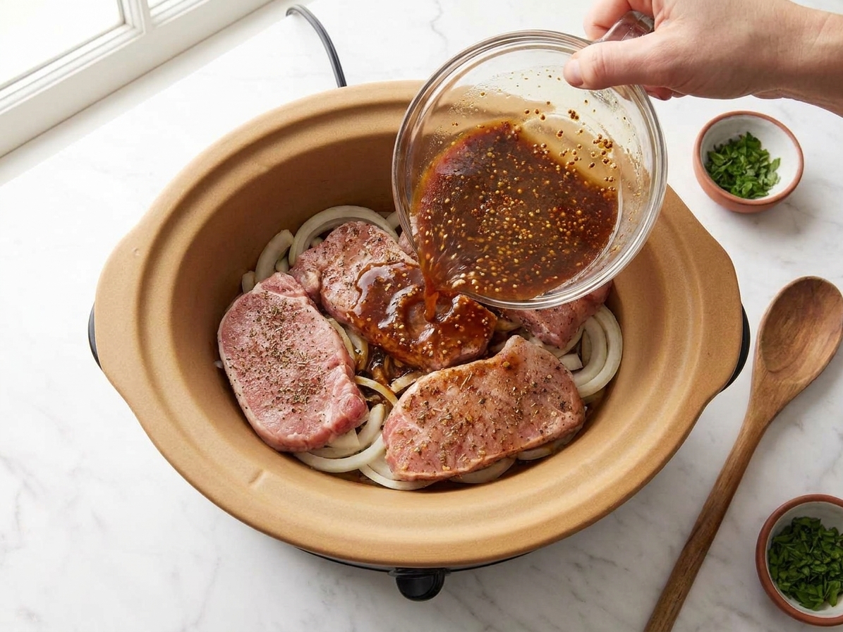 Seasoned pork loin chops resting over sliced onions in a slow cooker as a bowl of broth and mustard mixture is poured in