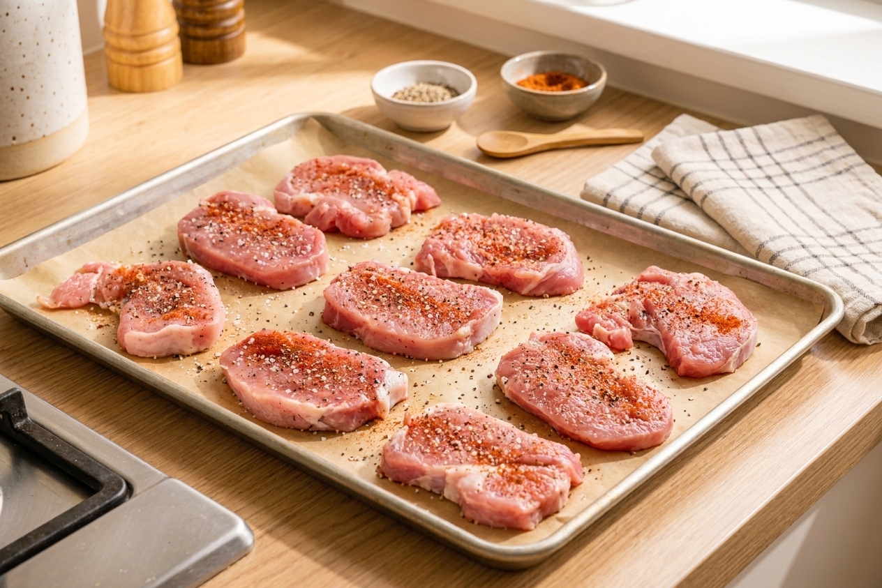 Seasoned pork medallions on a parchment-lined sheet pan with visible salt, pepper, and paprika in a bright home kitchen