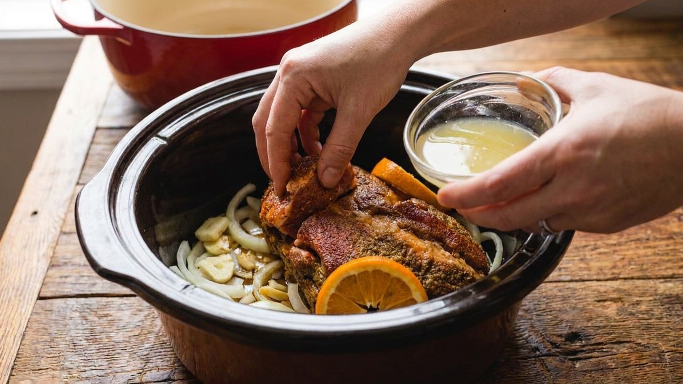 Seasoned pork shoulder pieces arranged in a slow cooker over sliced onions and smashed garlic with citrus juice poured in